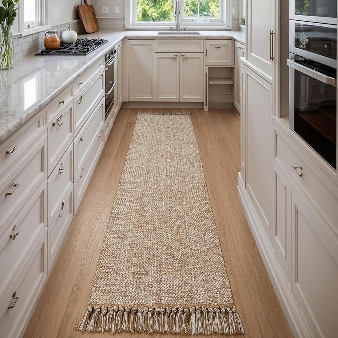 Collive Washable Carpet Runners for Hallway 12ft, Boho Long Rugs for Kitchen Cotton Hand Woven Bedroom Runner Rug Tan/Cream Low Pile Natural Floor Carpet for Indoor Hall Entryway
