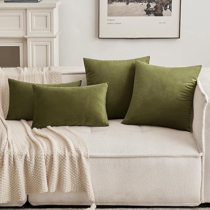 MIULEE 24x24 Inch Euro Sham Velvet Pillow Covers, Set of 2 Large Square Decorative Pillows -Olive Green Super Soft for King Bed, Sofa, Couch, Accent Chairs with Hidden Zipper