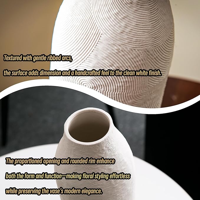 Decorative Ceramic Vase, 11.3 Inch White Modern Farmhouse Vases for Home Decor, Boho Textured Vases for Living Room, Table, Mantel, Shelf and Centerpieces Decor