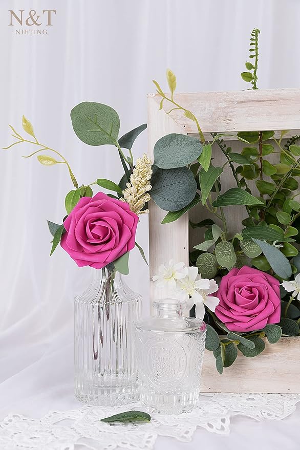 N&T NIETING Artificial Flowers, Foam Roses Perfect for Valentine's Day DIY Wedding Bridal Bouquets Centerpieces Bridal Shower Party Home Flower Arrangement Decor 25Pcs, Hot Pink