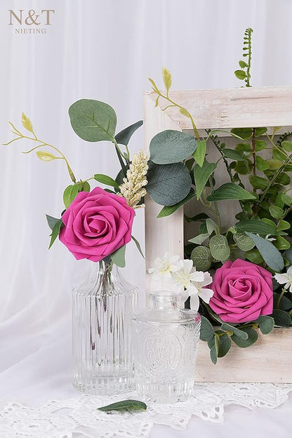 N&T NIETING Artificial Flowers, Hot Pink Artificial Roses, 50pcs Fake Flowers with Stem for DIY Wedding Bouquets Centerpieces Bridal Baby Shower Party Home Arrangement Decoration