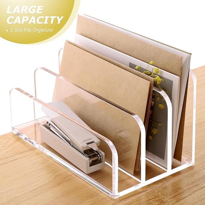 SANRUI Acrylic Mail File Organizer Sorters for Desk, 3 Upright Compartments Laddered Clear Desktop Vertical Letter Holder, Multifunction Envelope Folder Racks Holders for Office,Home, School