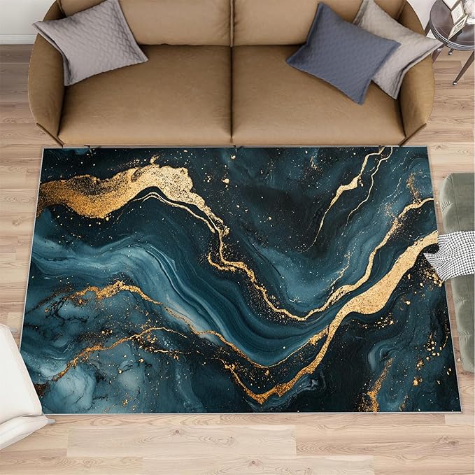 Marble Washable Area Rugs 3x4 Non-Slip Fluid Art Living Room Rug Gold Lines Soft for Carpet Low Pile Indoor Door Mat & Room Decor