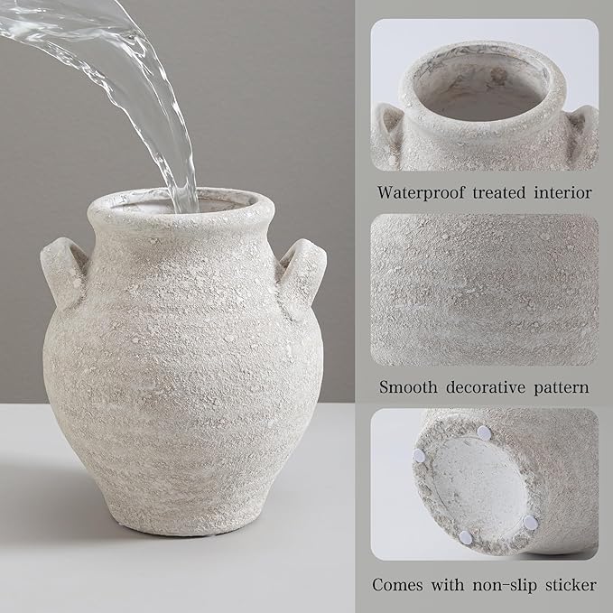 Ceramic White Flower Vase, 7.36 Inch Pottery Decorative Vase Rustic Farmhouse Vases for Home Decor Table Living Room Kitchen Bedroom Shelf Mantel Wedding Centerpiece