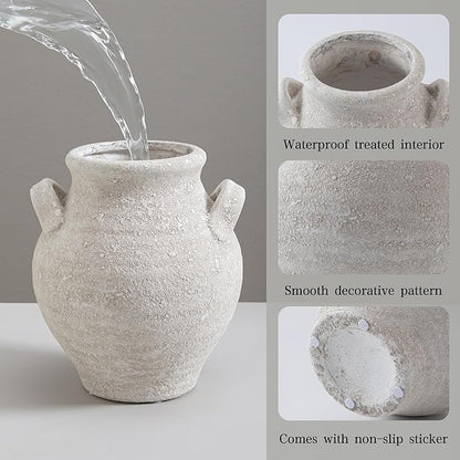 Ceramic White Flower Vase, 7.36 Inch Pottery Decorative Vase Rustic Farmhouse Vases for Home Decor Table Living Room Kitchen Bedroom Shelf Mantel Wedding Centerpiece