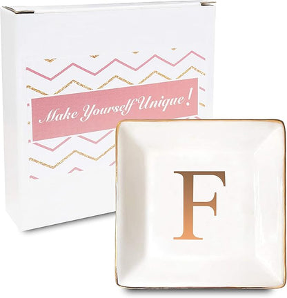 ANOTION Jewelry Tray Ring Dish with Ini-tial Gift- Personalized Trinket Dish and Jewelry Dish with Gold Initials Key Bowl Ceramic Holder, Unique Wedding or Engagement Present