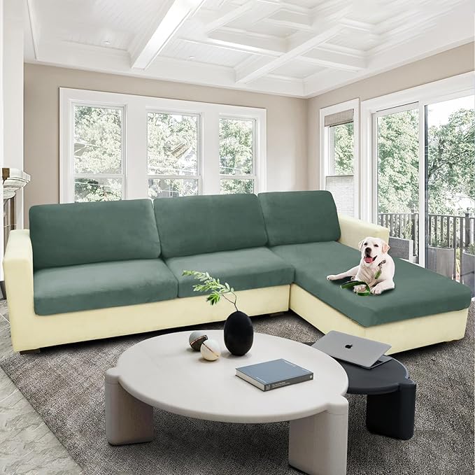 MAXIJIN Velvet Stretch Cushion Covers Couch Cushion Slipcovers Loveseat Sofa Cushion Covers for Individual Cushions with Elastic Bottom (2 Piece Loveseat Cushion Covers, Pea Green)