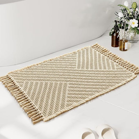 H.VERSAILTEX Waffle Bath Mat Super Absorbent Boho Bath Mat Non Slip Bath Rugs for Bathroom Floor Machine Washable Dry Fast Bathroom Rugs with Tassels, 20" x 32", Sand