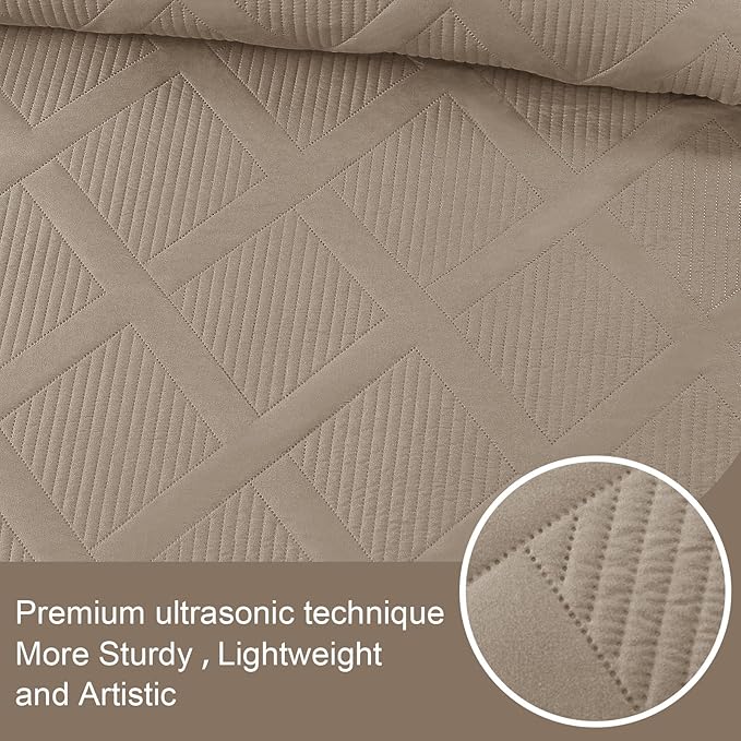 Exclusivo Mezcla Twin Size Quilt Set with Modern Striped Pattern, 2 Pieces Summer Lightweight Taupe Quilts Bedding Set, Soft Bedspreads Coverlets for All Seasons