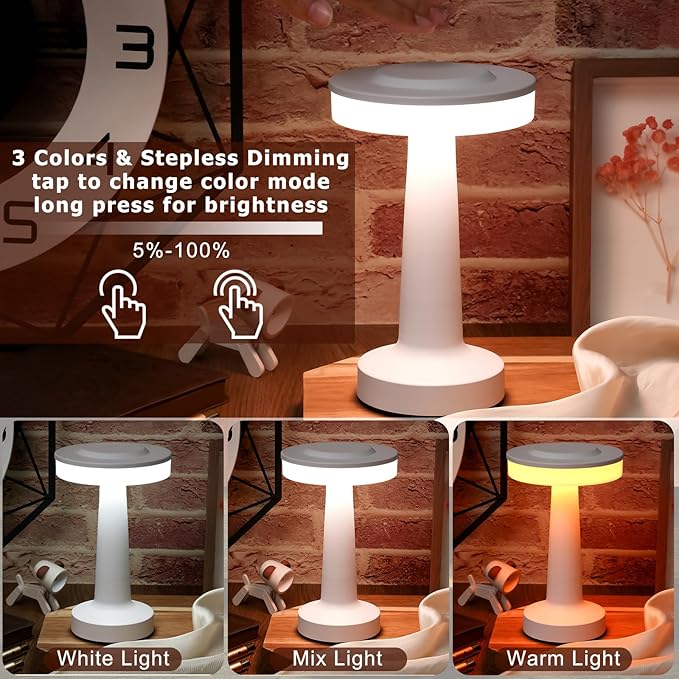 Riakrum 4 Pcs LED Portable Cordless Table Lamp with Touch Sensor 3 Color Stepless Dimming Rechargeable Battery up to 15 Hours Cordless Table Light Wireless Lamp for Nursery (White)