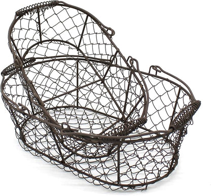 CVHOMEDECO. Oval Metal Wire Egg Basket Wire Fruit Basket with Handle Primitives Vintage Style Storage Basket. Rusty, Set of 2