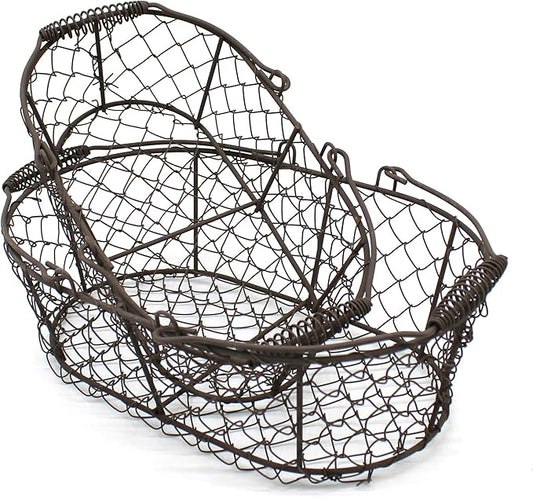 CVHOMEDECO. Oval Metal Wire Egg Basket Wire Fruit Basket with Handle Primitives Vintage Style Storage Basket. Rusty, Set of 2
