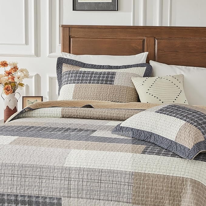 SahSahCasa 120"x120" 100% Cotton Oversized California King Bedspread Coverlet Quilt Set, Plaid Cal King Quilted Bedspread Extra Large Quilt, XL Bed Spread Lightweight Comforter, Dark Slate Gray