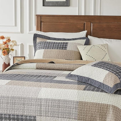 SahSahCasa 120"x120" 100% Cotton Oversized California King Bedspread Coverlet Quilt Set, Plaid Cal King Quilted Bedspread Extra Large Quilt, XL Bed Spread Lightweight Comforter, Dark Slate Gray