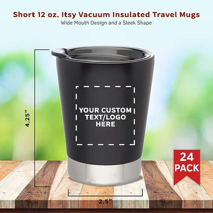Personalized 12 oz. Itsy Vacuum Insulated Travel Mugs - 24 Pack - Custom Text, Logo - Black