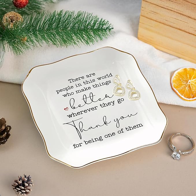 OASSIE Thank You Gifts for Women - 4"x4" Ceramic Jewelry Dish Tray - Galentines Day Birthday Appreciation Inspirational Gifts for Women Coworker Teacher Friend Employee Boss, Retirement Gift for Woman