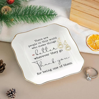 OASSIE Thank You Gifts for Women - 4"x4" Ceramic Jewelry Dish Tray - Galentines Day Birthday Appreciation Inspirational Gifts for Women Coworker Teacher Friend Employee Boss, Retirement Gift for Woman