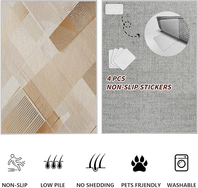 Minimalist Abstract Area Rug 4x6 Brown Boho, Modern Washable Stripe Art Rugs, Soft Non-Slip Low-Pile Carpet for Living Room, Bedroom, Kitchen, Dining Room, Pet Friendly, Non-Shedding, Beige