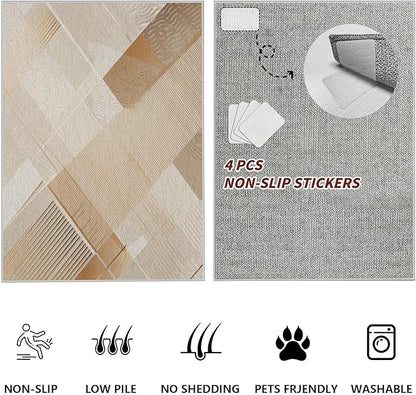 Minimalist Abstract Area Rug 4x6 Brown Boho, Modern Washable Stripe Art Rugs, Soft Non-Slip Low-Pile Carpet for Living Room, Bedroom, Kitchen, Dining Room, Pet Friendly, Non-Shedding, Beige