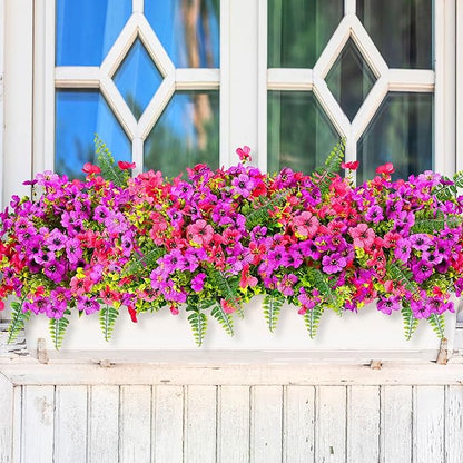 Artificial Faux Plants Flowers Outdoor Decoration,16 Bundles Fake Silk Colorful Daisy Eucalyptus Realistic UV Resistant for Outside Home Planter Porch Patio Yard Decor (Purple Red)