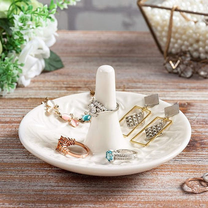 MyGift Decorative White Ceramic Ring Tray for Jewelry, Ring Cone and Trinket Tray with Raised Heart Design