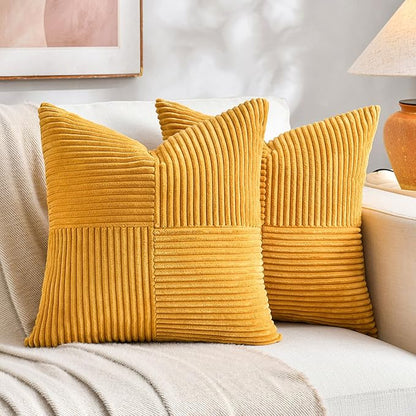 Fancy Homi 2 Packs Gold Yellow Euro Decorative Throw Pillow Covers 26x26 Inch for Couch Bed Sofa, Rustic Farmhouse Boho Home Decor, Soft Corss Corduroy Patchwork Textured Square Cushion Case 66x66 cm