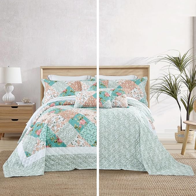 Oversized King Bedspread, Farmhouse Patchwork Floral Quilt Bedding Cover, Reversible, 6 Piece, 100% Microfiber, King/Cal King, Rosa Chinensis Jacq