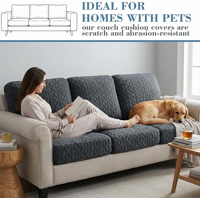 3 Pcs Jacquard Couch Cushion Covers for Sofa Stretch Plush Soft Seat Cover Washable Sofa Slip Covers with Elastic Bottom Modern Boho Furniture Protector for Sectional Slipcovers(Dark Gray)