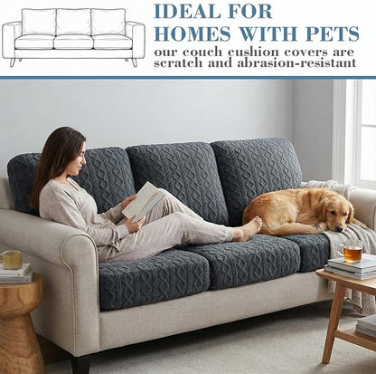 3 Pcs Jacquard Couch Cushion Covers for Sofa Stretch Plush Soft Seat Cover Washable Sofa Slip Covers with Elastic Bottom Modern Boho Furniture Protector for Sectional Slipcovers(Dark Gray)