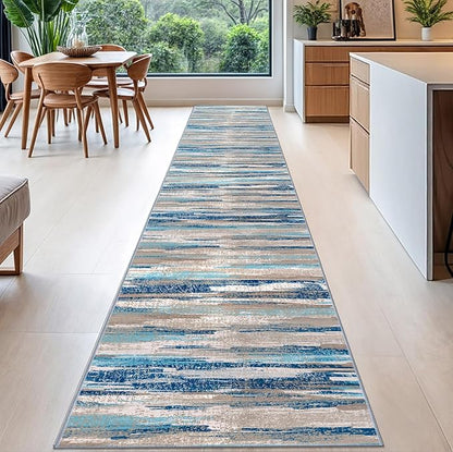 Modern Abstract Runner Rug 2.6x16, Blue Washable Long Kitchen Runner Non-Slip Soft Hallway Rug Runner Thin Print Faux Wool Carpet for Entryway Bedroom Laundry Room Indoor Home Decor