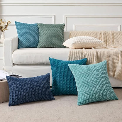Kevin Textile Decorative Pillow Covers Set of 2 Striped Plush Corduroy Pillows Pillowcases Boho Home Decor Cushion Covers for Couch Sofa Bed Living Room 24x24 Inch, Teal Green
