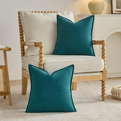 FUTEI Teal Chenille Throw Pillow Covers 24x24 Inch Set of 2,Edges Double-Stitched European Cushion Cases,Modern Home Decor for Couch Living Room