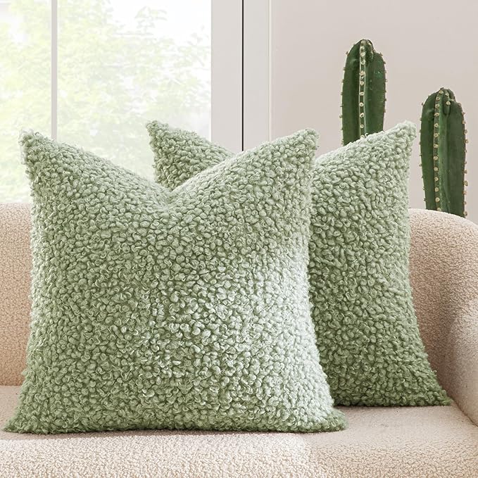 MIULEE Pack of 2 Light Green Faux Fur Throw Pillow Covers 18x18 Inch Boucle Decorative Sherpa Spring Pillow Covers Fuzzy Accent Soft Sheepskin Fleece for Boho Home Decor Sofa Living Room Couch Bed