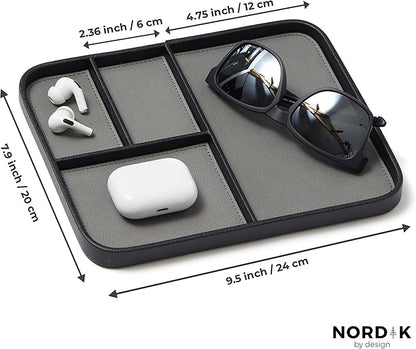 Nordik Leather Valet Tray - Pebble Black - 9.5 x 7.9 Inch Medium Vegan Leather Tray - Stylish Nightstand Organizer for Men - Modern Bedside Caddy - EDC Catchall for Key Watch Wallet Jewellery