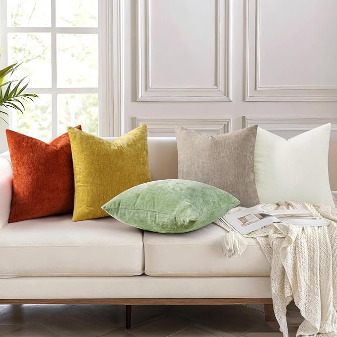 decorUhome Chenille Mineral Yellow Spring Throw Pillow Covers 18x18 Inch Set of 2, Decorative Soft Couch Pillow Covers Solid Dyed Accent Farmhouse Neutral Square Pillow Cases for Sofa