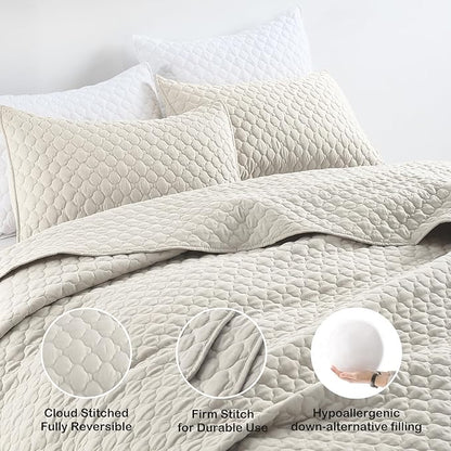 HORIMOTE HOME Quilt Set Twin Size Beige Bedspread, Modern Style Quilted Clouds Pattern Soft Coverlet Set Lightweight Microfiber Quilted Bedspread for All Season, Includes 1 Quilt and 1 Pillow Sham