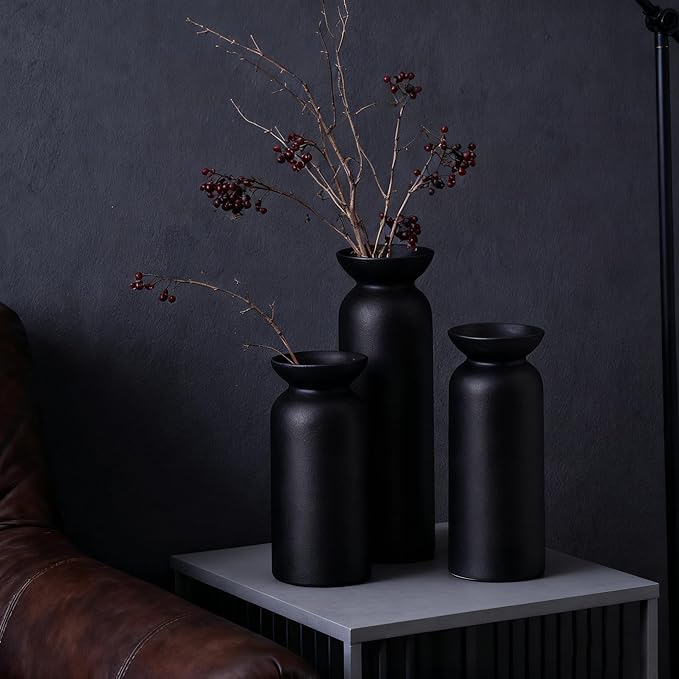 Black Ceramic Vase Set of 3 Small Boho Modern Room Decor for Home Decor Farmhouse Centerpiece Table Decorations