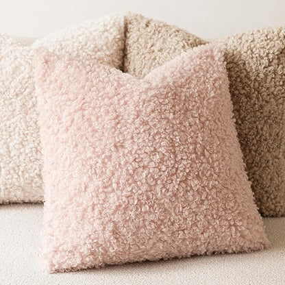 Foindtower Set of 2 Curly Teddy Wool Pillow Covers Decorative Boucle Textured Lumbar Throw Pillow Faux Fur Sherpa Pillowcases Sheepskin Fuzzy Cushion Case for Sofa Bedroom Car 12"x20" Light Pink