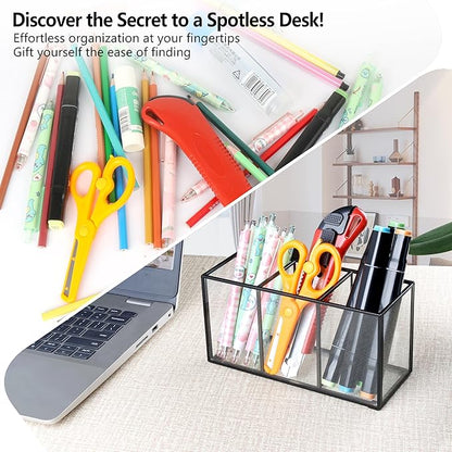 Pencil Holder for Desk,Tempered Glass Pen Holder,3&4 Compartments,Desktop Storage Organizer for Office Supplies,School Supplies,Pens,Markers,Pencils,Scissors,Paperclips (Black, 3 compartments)
