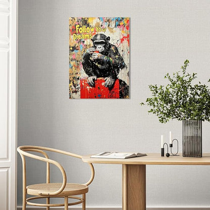 Ypxzzj Banksy Street Graffiti Monkey Canvas Wall Art for Living Room,Follow Your Dreams Animal Picture Prints Canvas Artworks,Doodle Monkey for Wall Decor Framed Ready to Hang