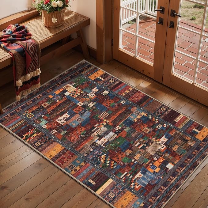 Tangsoo 2x3 Small Rugs for Entryway,Washable Vintage Entry Rug Non Slip, Soft Low Pile Throw Rugs Tribal Front Indoor Rug Small Carpet for Entrance Bedroom Kitchen Laundry Bedside (Red Multi)