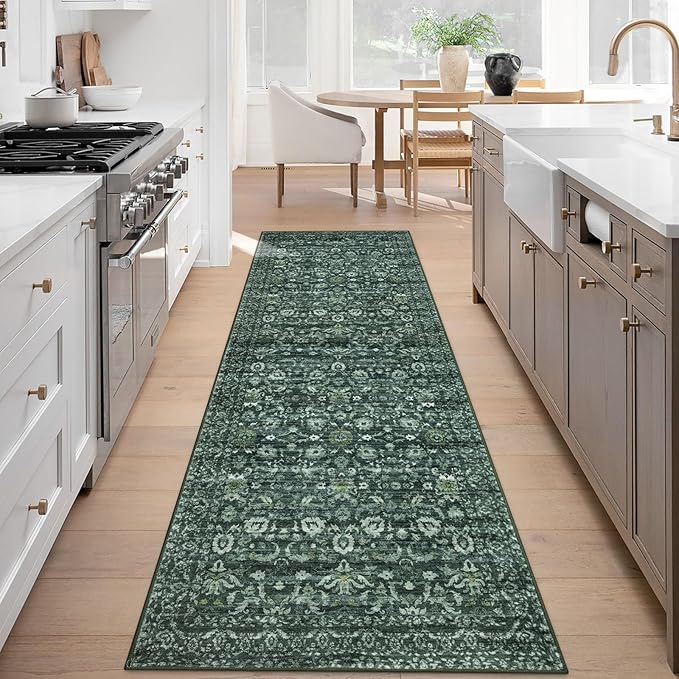 Vintage Runner Rug 3x8, Dark Green Washable Kitchen Runner Non-Slip Soft Hallway Rug Runner Thin Print Faux Wool Carpet for Entryway Bedroom Laundry Room Indoor Home Office Decor