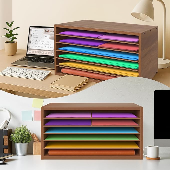 Prolee Construction Paper Organizer 20" x 13.5" x12.2",Soild Wooden Paper Organizer with 6-Tier Letter Trays, Desktop File Papers Sorter for Home, Classroom and Office (Walnut)