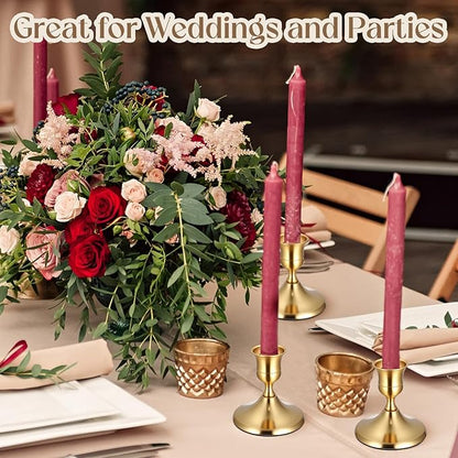 12PCS Brass Gold Taper Candle Holders Set, Vintage Metal Candlestick Holders for Table Centerpiece, Wedding Reception, Festive Christmas Mantel Decoration or Home Decor