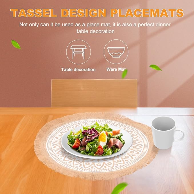 Tassel Mandala Round Placemats Set 3Pcs, Jute Fabric Woven Dining Table Placemats, Heat Resistant Macrame Place Mats for Farmhouse Kitchen and Indoor Table Decor