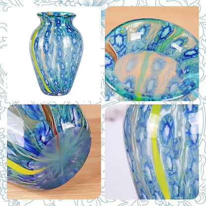 Glass Vases for Flower, Unique Hand Blown Blue Glass Vase, Modern Art Decorative for Home Living Room, Office, Table centerpieces, Bookshelves and Wedding Decorations (JG30)