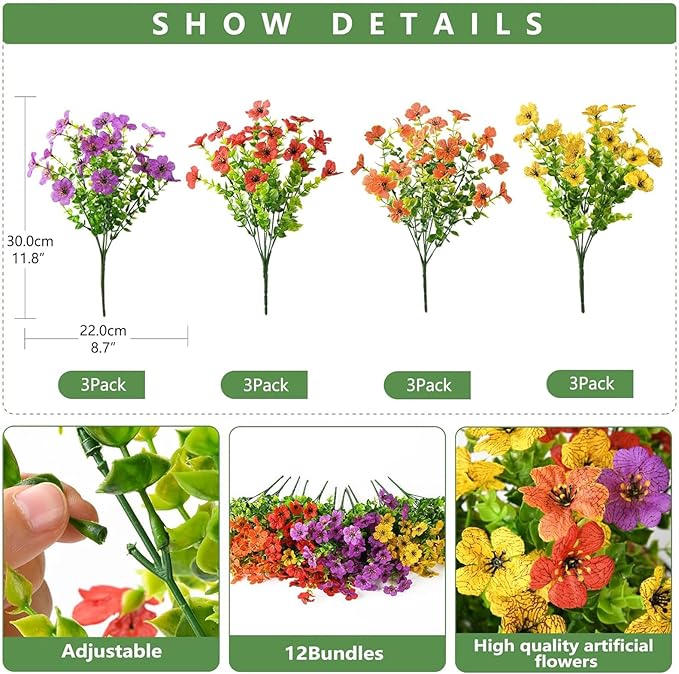 INQCMY Artificial Flowers for Outdoors Faux Plants Fake Flowers Spring Summer Decoration,12 Bundles Faux Silk Colorful Daisy Realistic UV Resistant for Outside Home Planter Window Porch Patio Yard