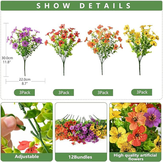 INQCMY Artificial Flowers for Outdoors Faux Plants Fake Flowers Spring Summer Decoration,12 Bundles Faux Silk Colorful Daisy Realistic UV Resistant for Outside Home Planter Window Porch Patio Yard