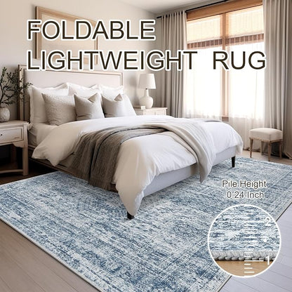 5x7 Area Rugs Blue Low Pile Indoor Washable Trendy Faded Style Rugs for Bedroom Living Room Dining Room Foldable Non-Slip Thin Print Mat