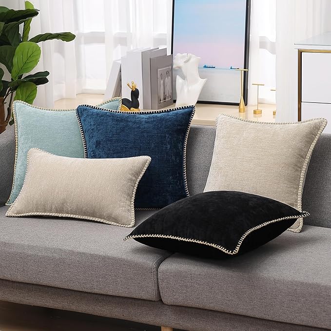 decorUhome Spring Chenille Soft Throw Pillow Covers 12x20 Set of 2, Lumbar Velvet Farmhouse Neutral Decorative Pillow Covers with Stitched Edge for Couch Sofa Bed Home Decor, Poseidon